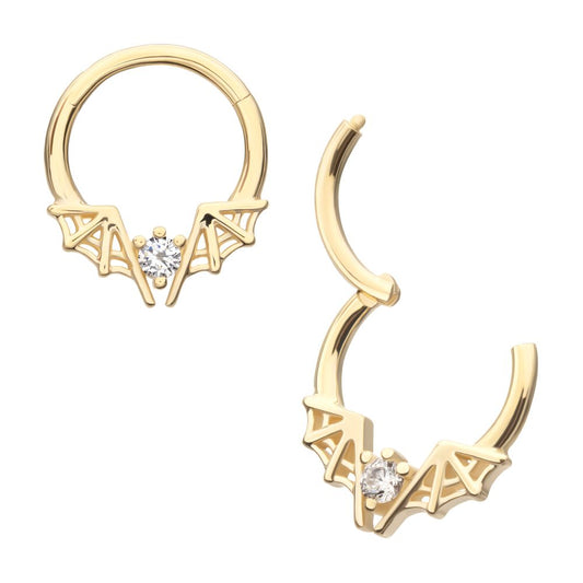 14Kt Yellow Gold Angled Bat Wings Frame a Prong Set Gem Front Facing Hinged Segment Clicker