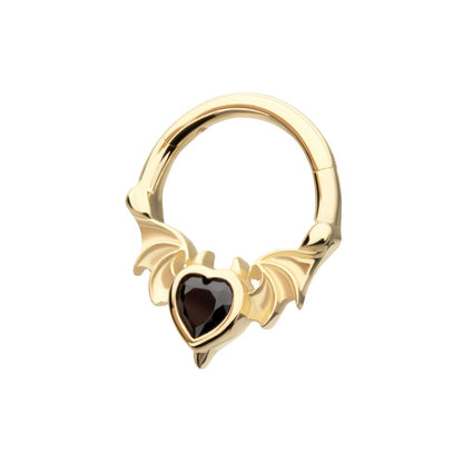 14Kt Yellow Gold Carved Bat Wings with Devil Heart Bezel Gem Front Facing Hinged Segment Clicker
