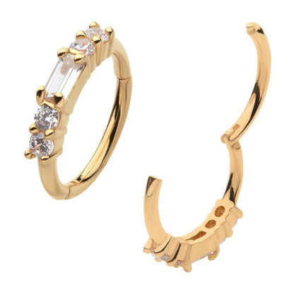 14Kt Yellow Gold with 5-Cluster Prong Set Baguette & Round Clear CZ Side Facing Hinged Segment Clicker