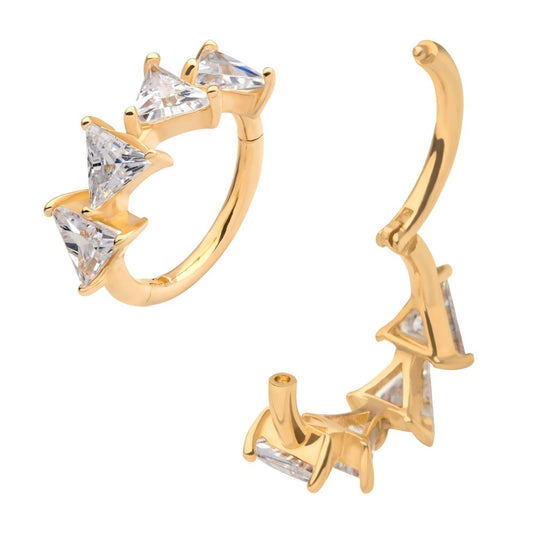 14Kt Yellow Gold with 4-Cluster Prong Set Triangle Clear CZ Side Facing Hinged Segment Clicker