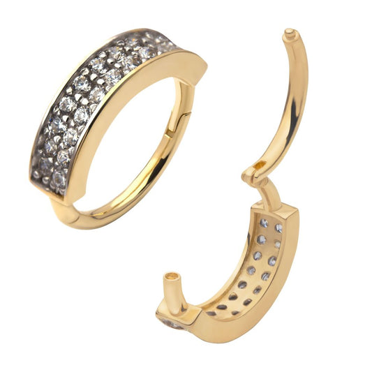 14Kt Yellow Gold with Double Row Clustered Prong Set Clear CZ Side Facing Hinged Segment Clicker