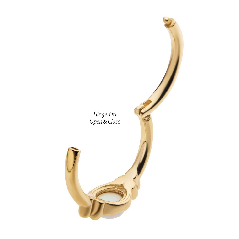 14Kt Gold Beads & Centerpiece Bezel Set White Opal Side Facing Hinged Segment Clicker