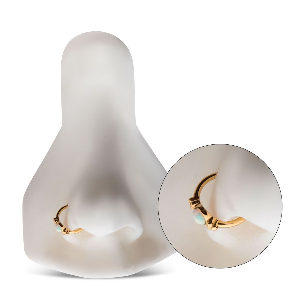 14Kt Gold Beads & Centerpiece Bezel Set White Opal Side Facing Hinged Segment Clicker