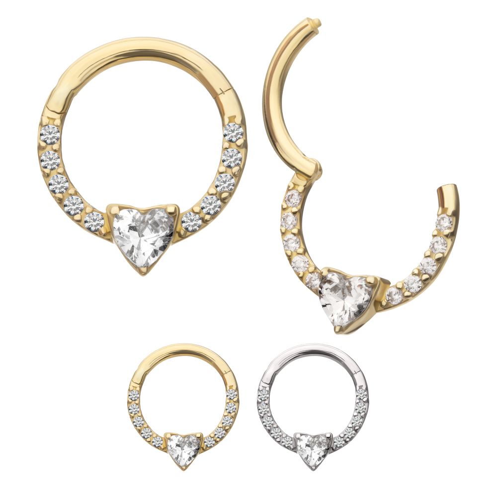14Kt Gold 3mm Prong Set Heart with 1mm CNC Set Round Gem Front Facing Hinged Segment Clicker