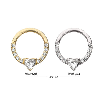 14Kt Gold 3mm Prong Set Heart with 1mm CNC Set Round Gem Front Facing Hinged Segment Clicker