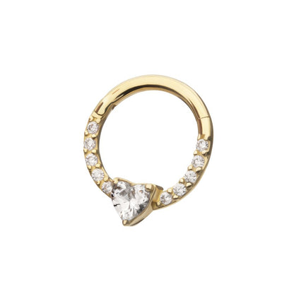 14Kt Gold 3mm Prong Set Heart with 1mm CNC Set Round Gem Front Facing Hinged Segment Clicker