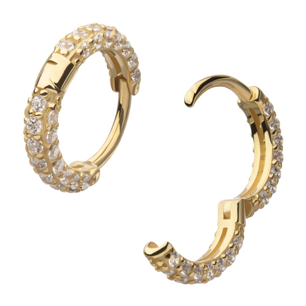 14Kt Yellow Gold 3 Row Pave Set Gem Hinged Hoop Huggie Earrings