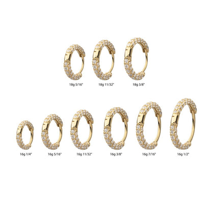 14Kt Yellow Gold 3 Row Pave Set Gem Hinged Hoop Huggie Earrings