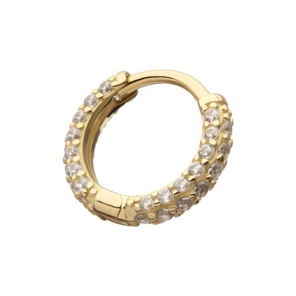 14Kt Yellow Gold 3 Row Pave Set Gem Hinged Hoop Huggie Earrings