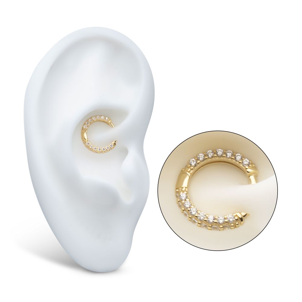 14Kt Yellow Gold 3 Row Pave Set Gem Hinged Hoop Huggie Earrings