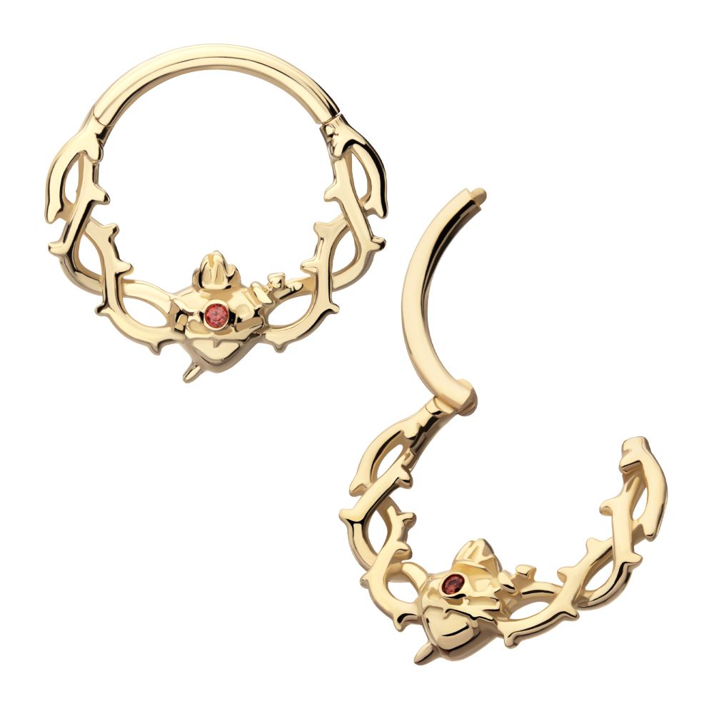 14Kt Yellow Gold Sacred Heart with Dagger Crown of Thorns Garnet Bezel Gem Front Facing Hinged Segment Clicker