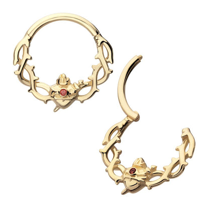 14Kt Yellow Gold Sacred Heart with Dagger Crown of Thorns Garnet Bezel Gem Front Facing Hinged Segment Clicker