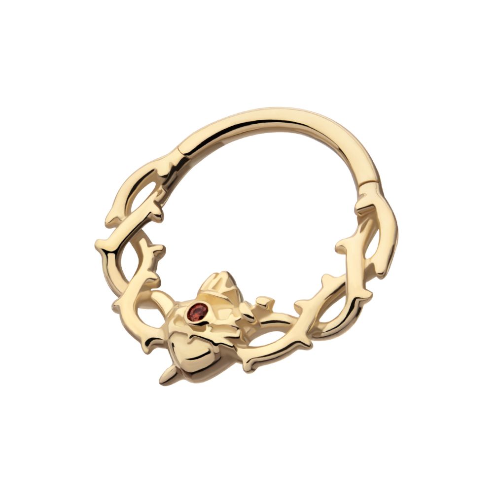 14Kt Yellow Gold Sacred Heart with Dagger Crown of Thorns Garnet Bezel Gem Front Facing Hinged Segment Clicker