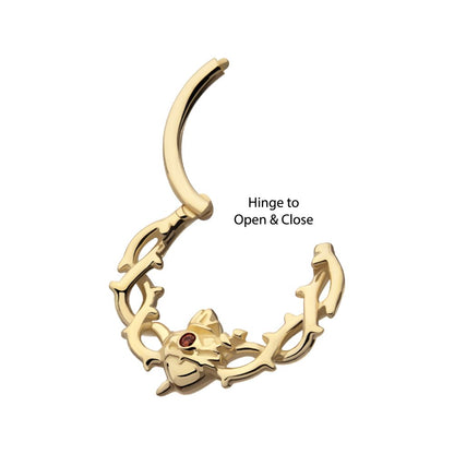 14Kt Yellow Gold Sacred Heart with Dagger Crown of Thorns Garnet Bezel Gem Front Facing Hinged Segment Clicker