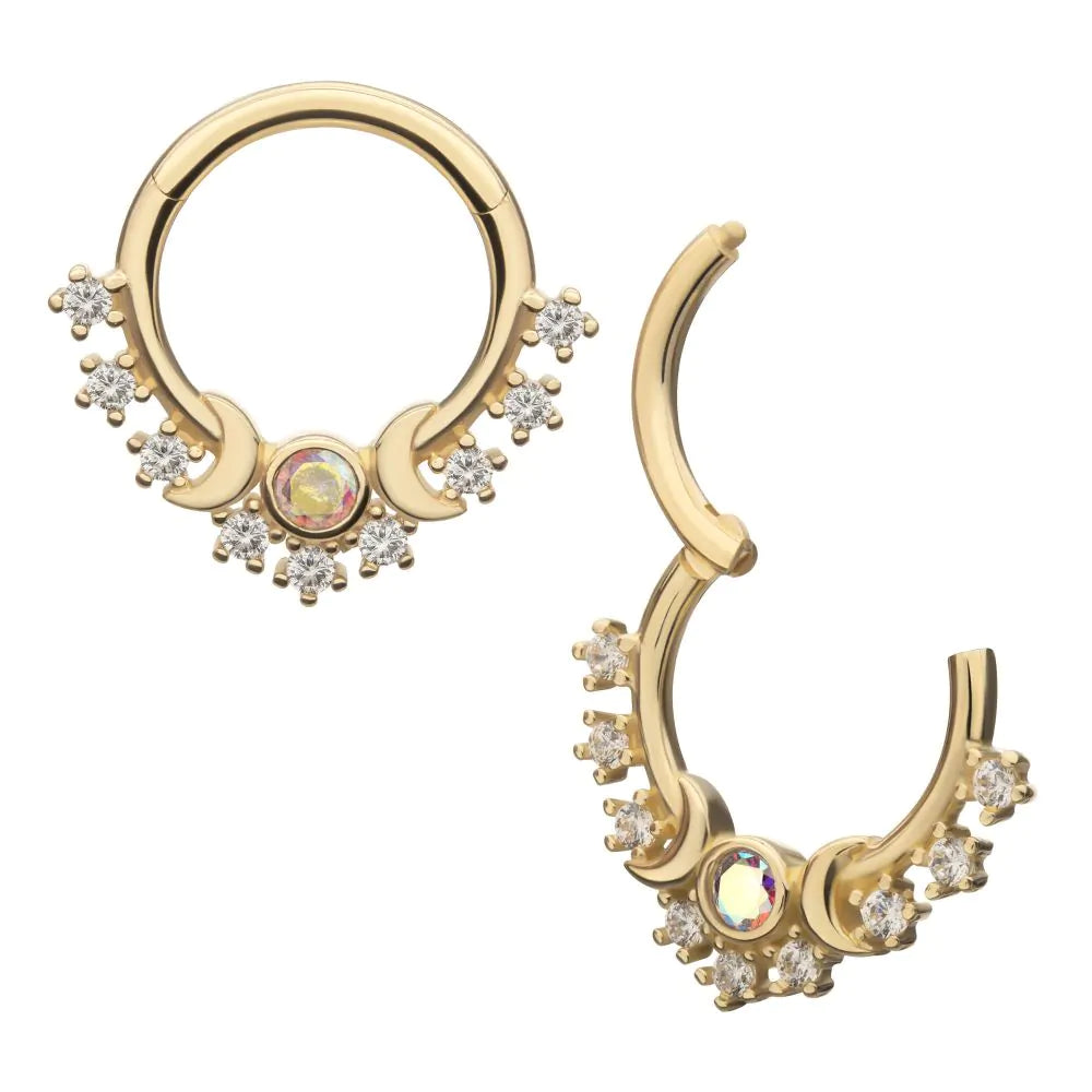 14Kt Yellow Gold Prong Set Round Gem Cluster & Triple Moon Phase Front Facing Hinged Segment Clicker