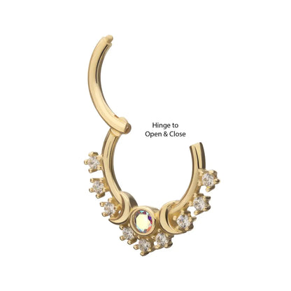 14Kt Yellow Gold Prong Set Round Gem Cluster & Triple Moon Phase Front Facing Hinged Segment Clicker