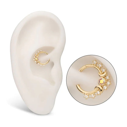 14Kt Yellow Gold Prong Set Round Gem Cluster & Triple Moon Phase Front Facing Hinged Segment Clicker