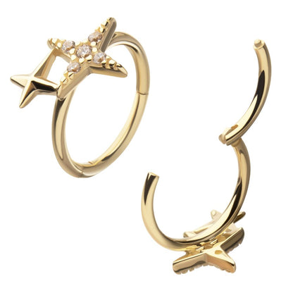 14Kt Yellow Gold Pave Set Round Gem Double Star Side Facing Hinged Segment Clicker