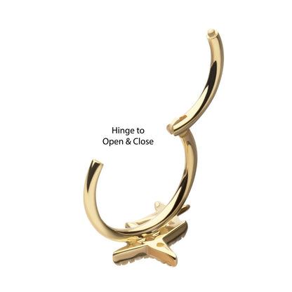 14Kt Yellow Gold Pave Set Round Gem Double Star Side Facing Hinged Segment Clicker