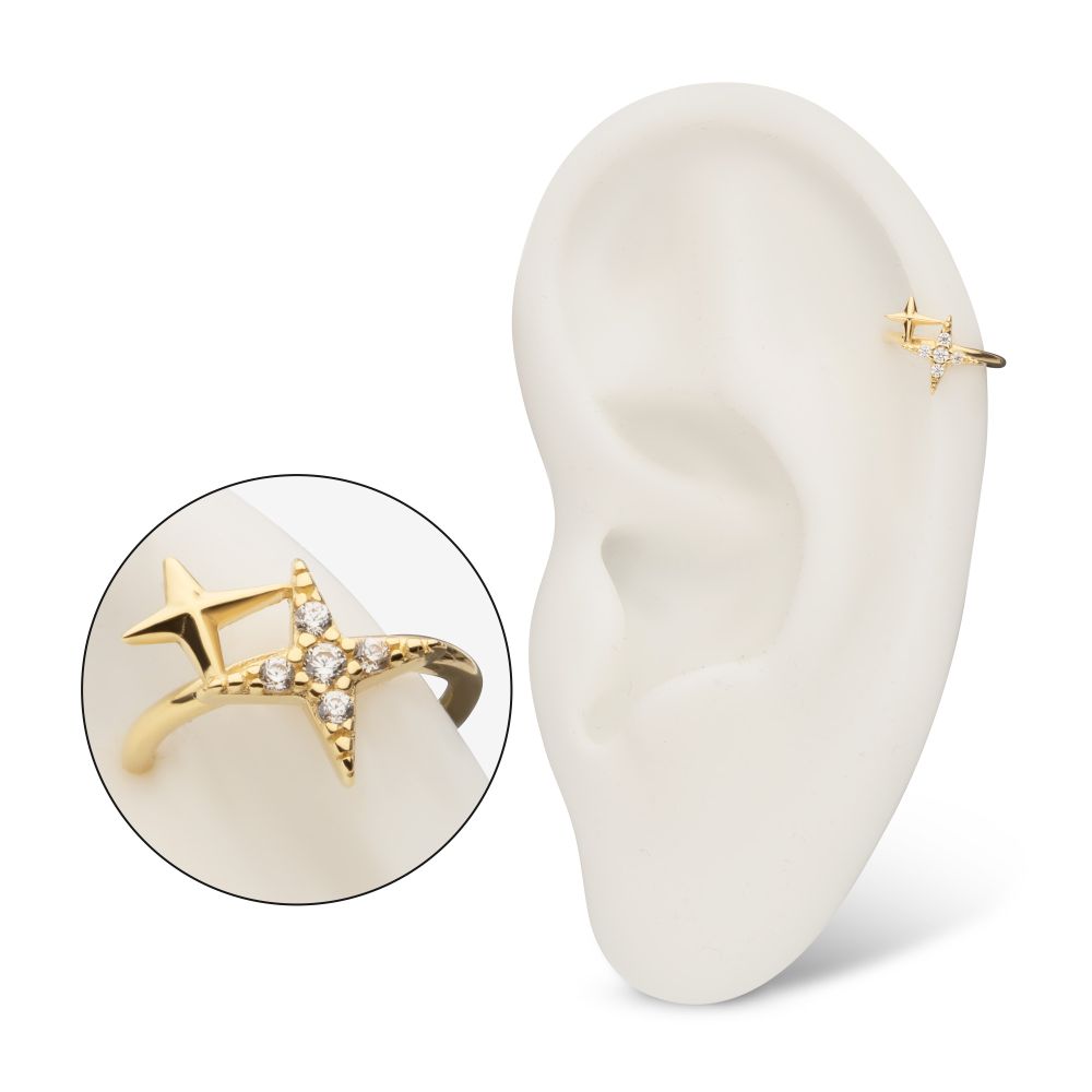 14Kt Yellow Gold Pave Set Round Gem Double Star Side Facing Hinged Segment Clicker