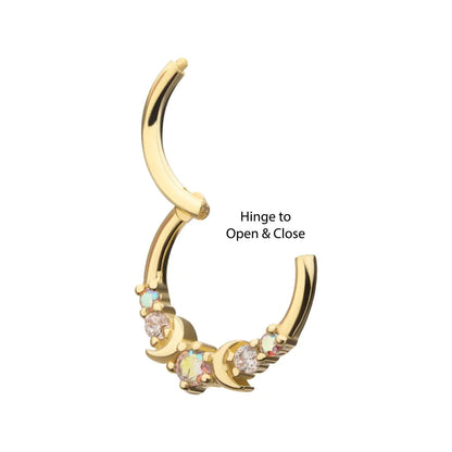 14kt Yellow Gold Prong Set Round Gem Triple Moon Phase Front Facing Hinged Segment Clicker