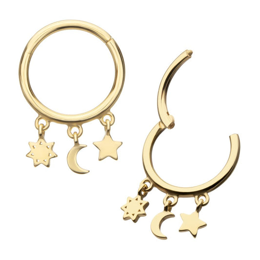 14Kt Yellow Gold Stars & Moon Dangle Charm Hinged Segment Clicker
