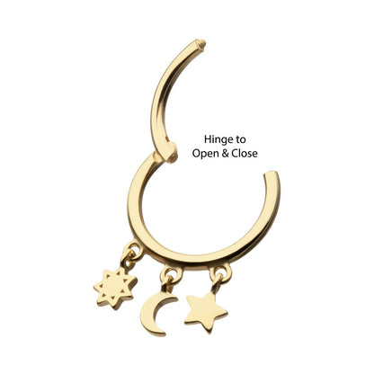 14Kt Yellow Gold Stars & Moon Dangle Charm Hinged Segment Clicker