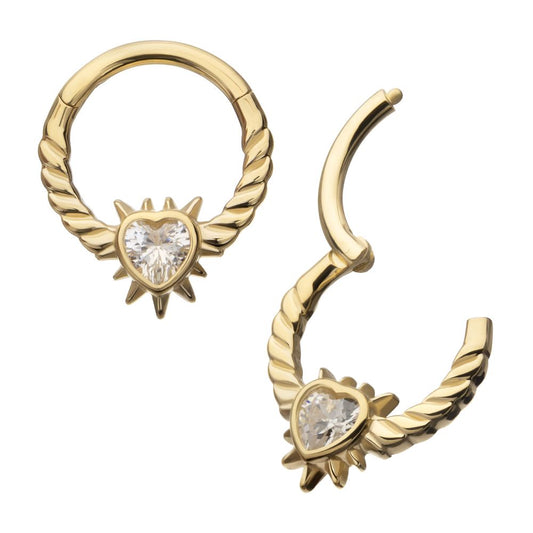 14kt Yellow Gold Spike Edge Bezel Heart Gem Wired Hoop Front Facing Hinged Segment Clicker