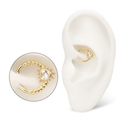 14kt Yellow Gold Spike Edge Bezel Heart Gem Wired Hoop Front Facing Hinged Segment Clicker