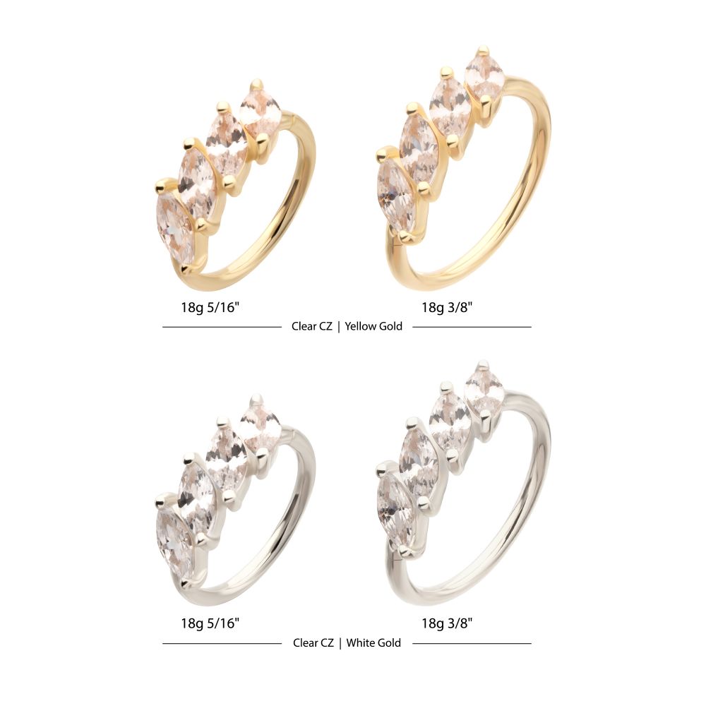 14Kt Gold 4 Marquise Staggered Cluster Prong Gem Side Facing Hinged Segment Clicker