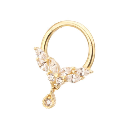 14Kt Gold Marquise Cluster Butterfly with Gem Dangle Front Facing Hinged Segment Clicker