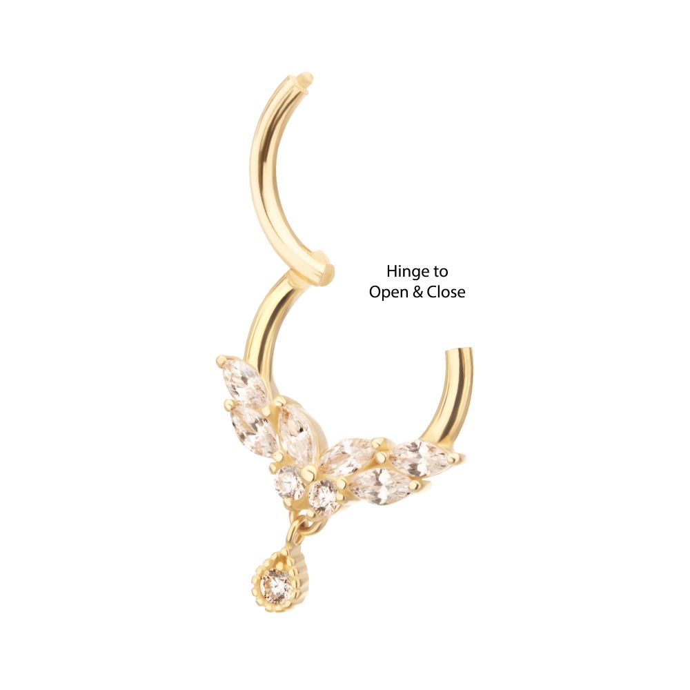 14Kt Gold Marquise Cluster Butterfly with Gem Dangle Front Facing Hinged Segment Clicker