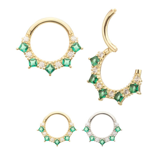 14Kt Gold Alternating Round & Princess Cut Prong Set Gem Front Facing Hinged Segment Clicker