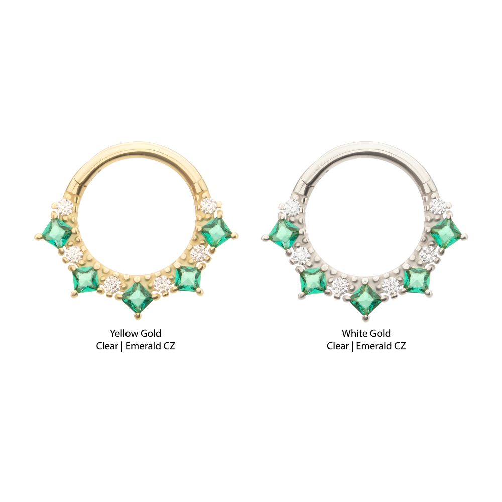 14Kt Gold Alternating Round & Princess Cut Prong Set Gem Front Facing Hinged Segment Clicker