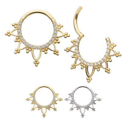 14Kt Gold Beaded Edge with 1mm CNC Set Round Gem Front Facing Hinged Segment Clicker