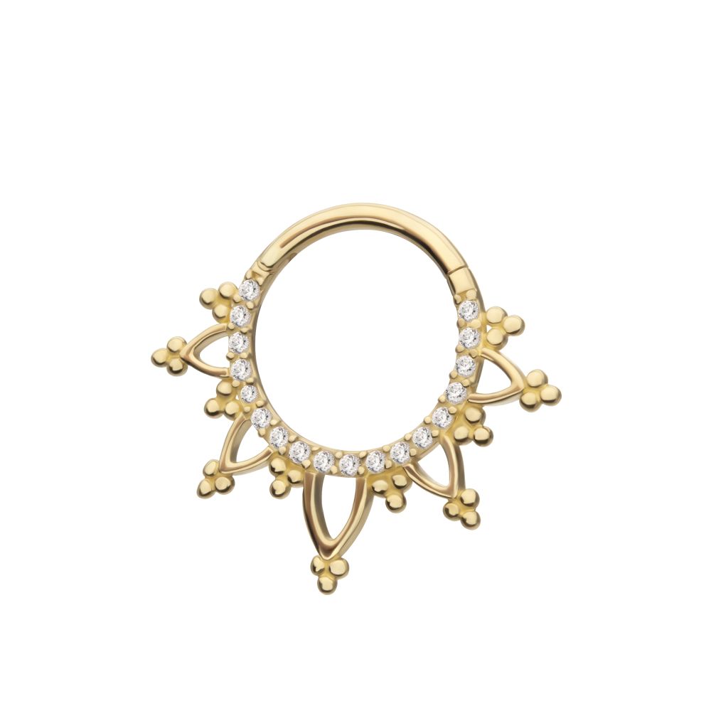 14Kt Gold Beaded Edge with 1mm CNC Set Round Gem Front Facing Hinged Segment Clicker