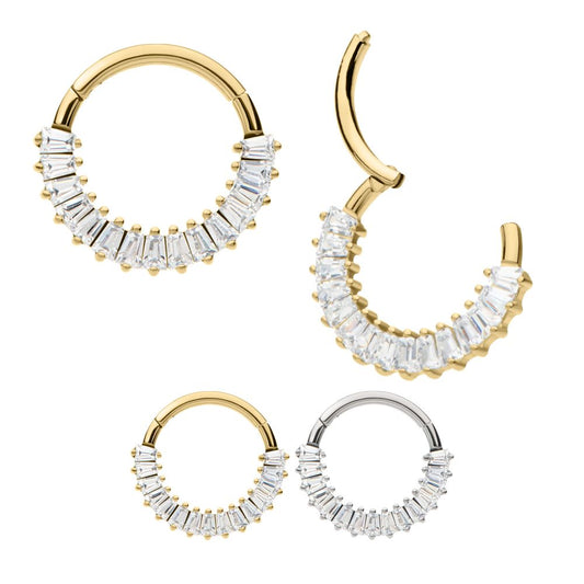 14kt Gold Prong Set Baguette Gem Cluster Front Facing Hinged Segment Clicker