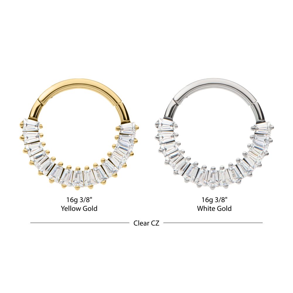 14kt Gold Prong Set Baguette Gem Cluster Front Facing Hinged Segment Clicker