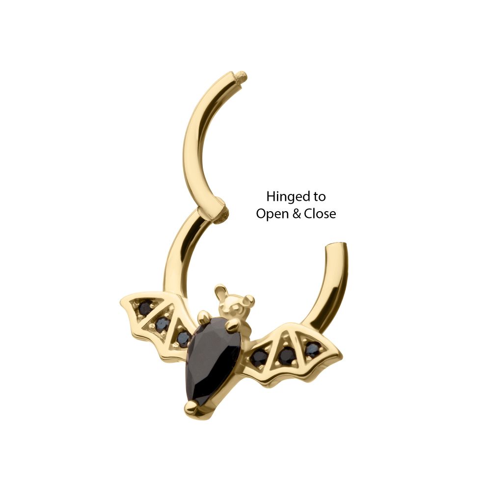 14Kt Gold Flying Bat with Prong Set Black Gem Front Facing Hinged Segment Clicker