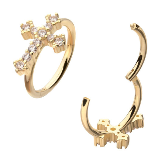 14kt Yellow Gold Antique Cross with Prong Set Gem Side Facing Hinged Segment Clicker