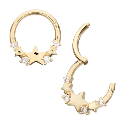 14Kt Yellow Gold Triple Staggered Star with Prong Set Gem Front Facing Hinged Segment Clicker