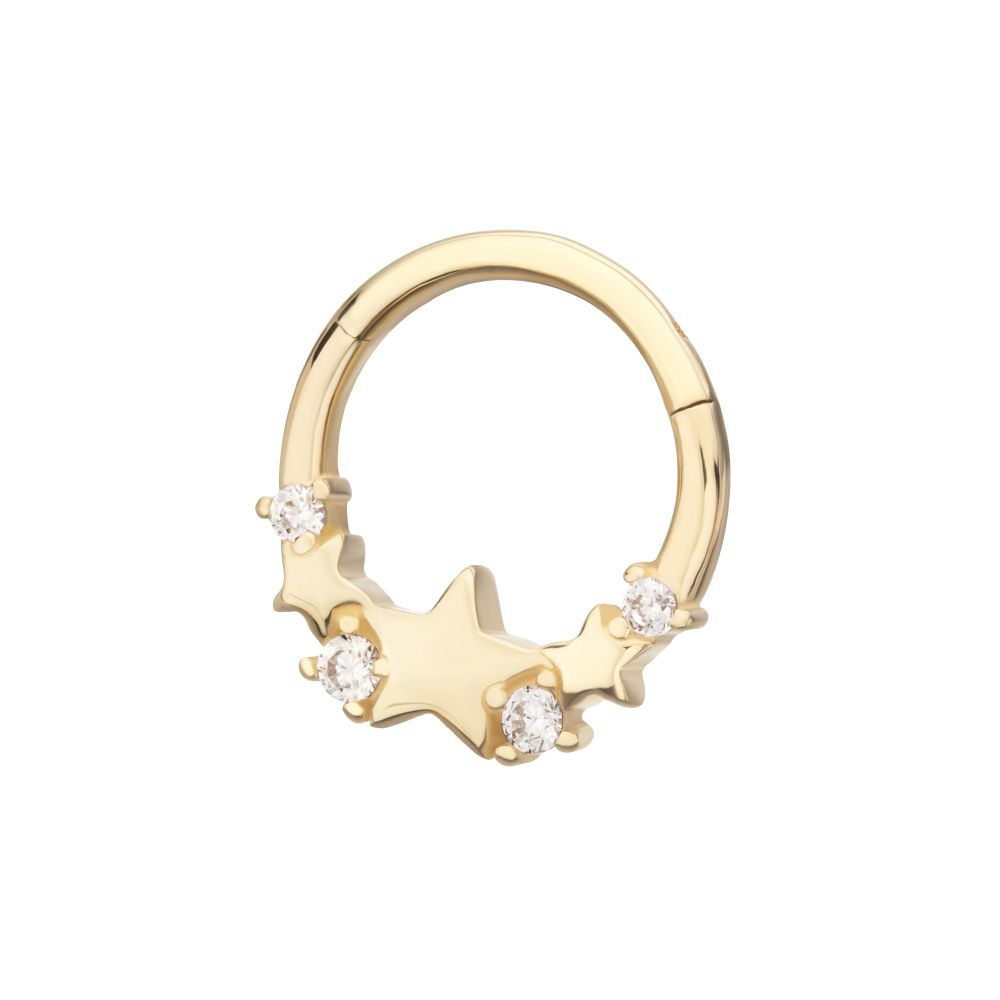 14Kt Yellow Gold Triple Staggered Star with Prong Set Gem Front Facing Hinged Segment Clicker