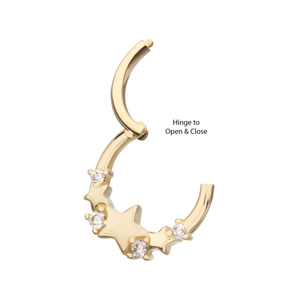 14Kt Yellow Gold Triple Staggered Star with Prong Set Gem Front Facing Hinged Segment Clicker