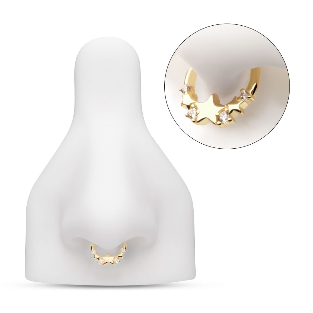 14Kt Yellow Gold Triple Staggered Star with Prong Set Gem Front Facing Hinged Segment Clicker