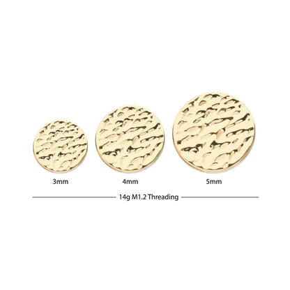 14Kt Yellow Gold Internally Threaded Hammered Disk Top Dermal