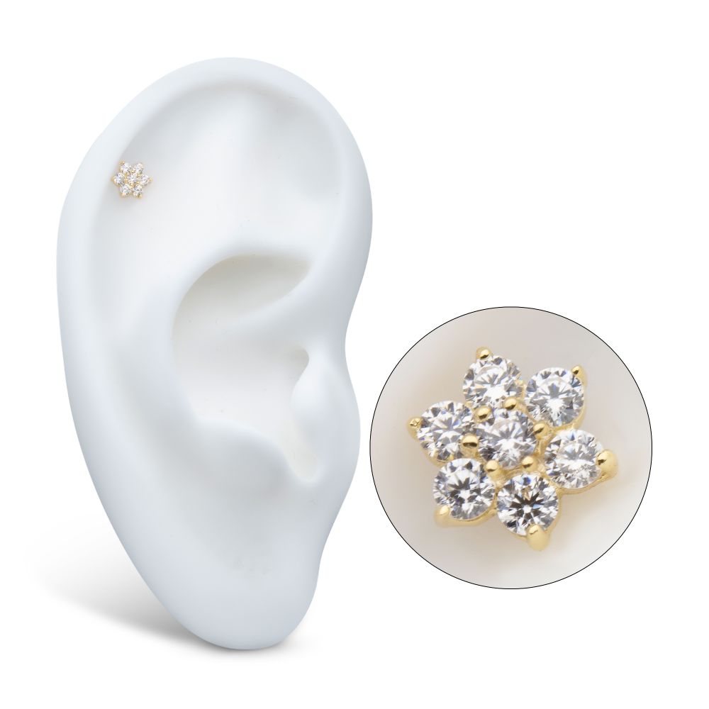 14Kt Yellow Gold Internally Threaded Prong Set 7-Gem Flower Top Dermal