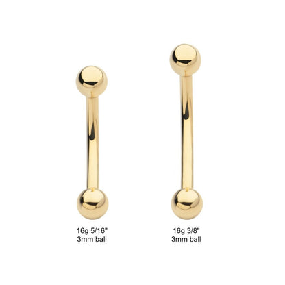 14Kt-Yellow Gold Curved Barbell with One Side Internally Threaded and One Side Fixed Ball End