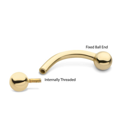 14Kt-Yellow Gold Curved Barbell with One Side Internally Threaded and One Side Fixed Ball End