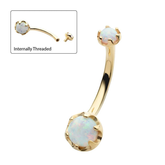 14Kt Yellow Gold Internally Threaded Double Round 6-Prong White Opal Fixed Bottom Navel