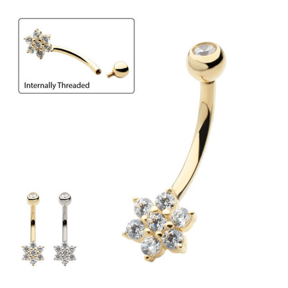 14Kt Gold Internally Threaded Round Clear CZ Flower Shape Fixed Bottom Navel